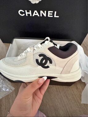 CHANEL Cream and Black Lace-Up Chunky Sneaker